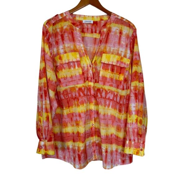 Calvin Klein Tie Dye Blouse Women 0X Orange Colorful Vibrant Plus‎ Size Popover - Picture 1 of 7